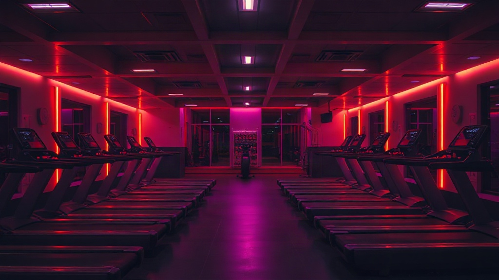 Moody gym floor with violet and orange lighting