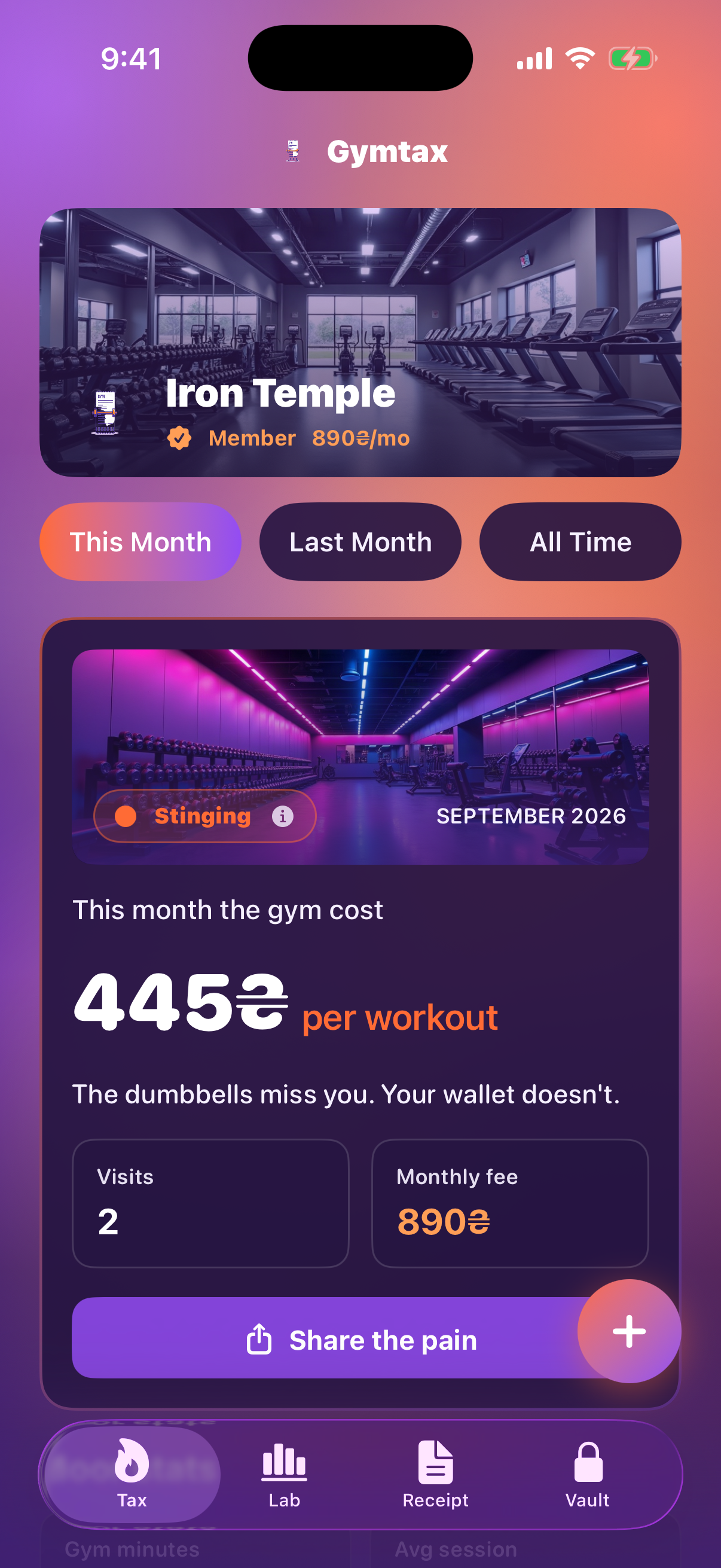 Pain Hero screen showing monthly cost per workout